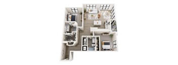 A top down view of a modern apartment with a kitchen, living room, and bedrooms.