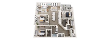 A top-down view of a modern apartment layout with a kitchen, living room, and bedrooms.