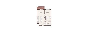 A floor plan of a small apartment with a living room, kitchen, bedroom, and bathroom.