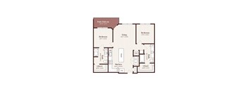A floor plan of a house with a patio balcony, two bedrooms, a living room, a kitchen, and two closets.