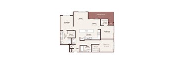 A floor plan of a house with a living room, two bedrooms, a kitchen, a bathroom, and a closet.