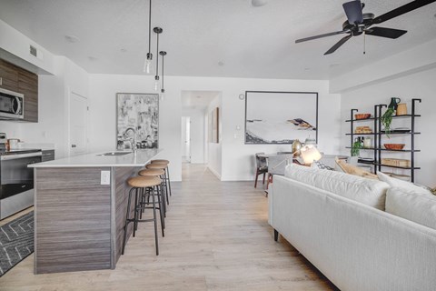 a living area with a kitchen and a couch