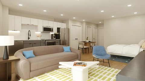 A modern living room with a grey couch and a white sofa.