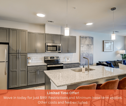 A kitchen with a countertop and a refrigerator is on sale for $99.