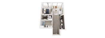 A top down view of a small apartment with a kitchen, living room, and bathroom.