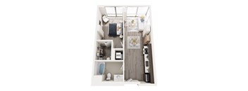 A top down view of a small apartment with a bed, a couch, a table, a kitchenette, and a bathroom.