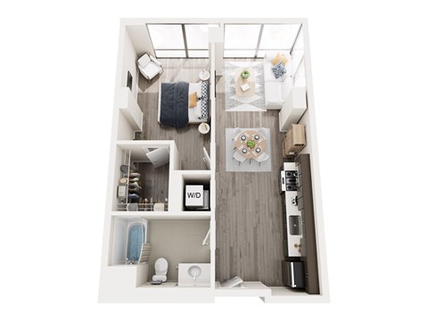 A top down view of a small apartment with a bed, a couch, a table, a kitchenette, and a bathroom.