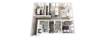 A diagram shows the layout of a small apartment with a bedroom, living room, kitchen, and bathroom.
