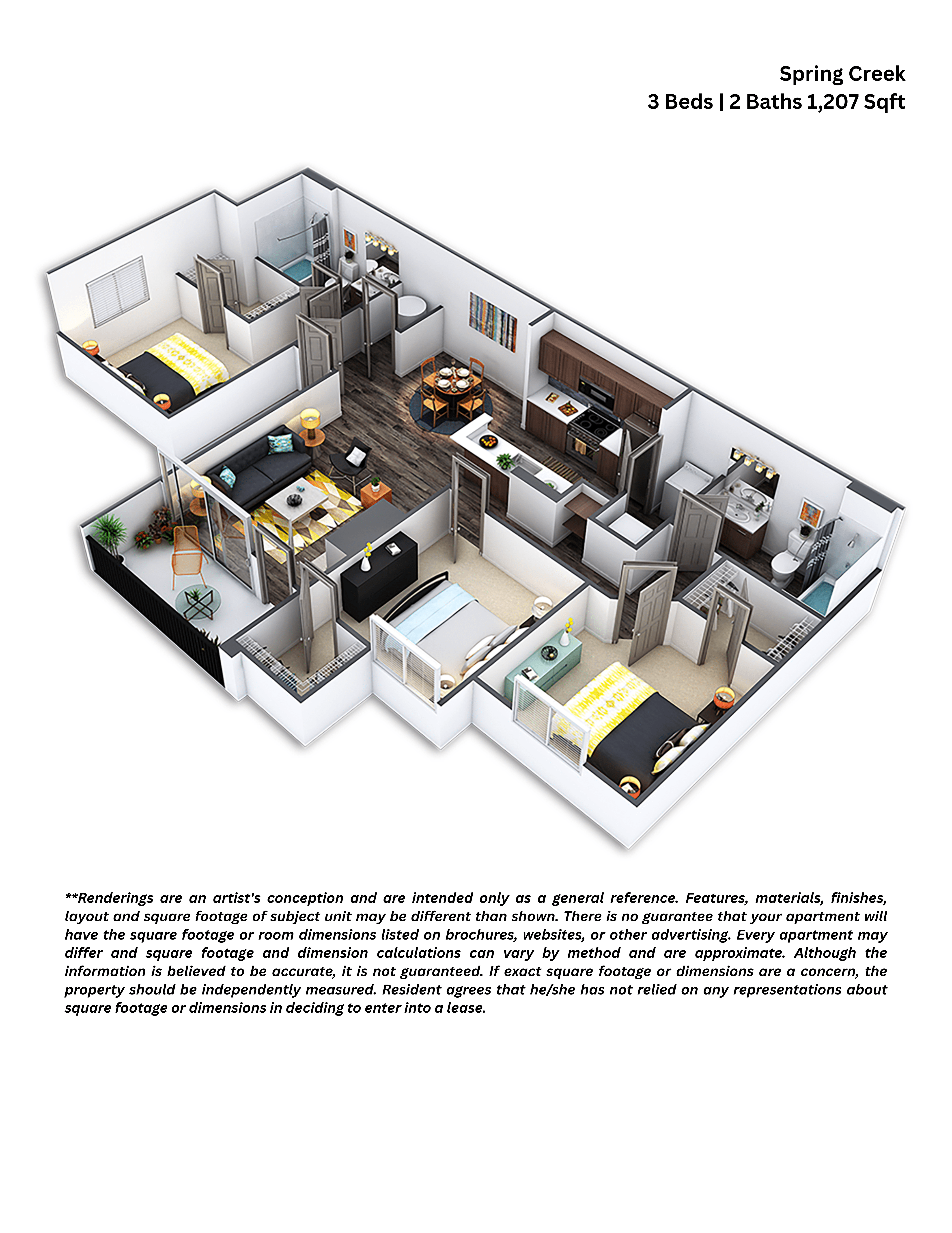 A 3 Beds | 2 Baths 1,207 Sqft Spring Creek apartment layout.