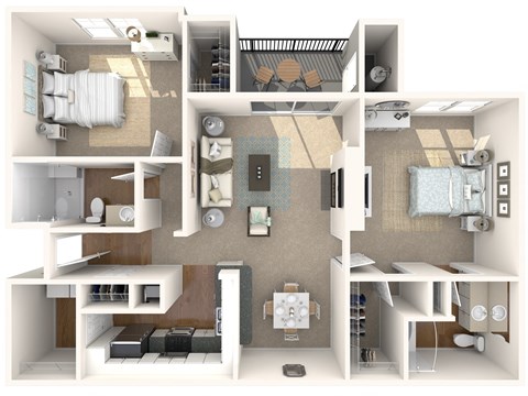 a 3d floor plan of a home with a bedroom and living room