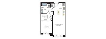 A floor plan of a bedroom with a living room and kitchen.