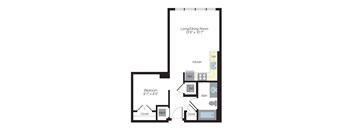 A floor plan of a small apartment with a living/dining room, kitchen, bathroom, and bedroom.