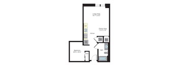A floor plan of a small apartment with a living area, dining area, kitchen, bath, bedroom and closet.