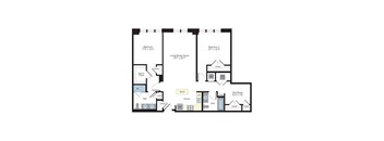A floor plan of a home with two bedrooms, a living/dining room, a kitchen, a den/study, a bath, a laundry area, and a patio.