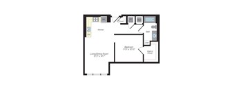 A floor plan of a living/dining room, kitchen, and bedroom.