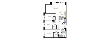 A floor plan of a home with a living/dining room, two bedrooms, a bathroom, a kitchen, and a laundry area.