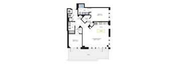 A black and white floor plan of a house with two bedrooms, a living/dining room, a kitchen, and an island.