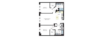 A floor plan of a house with two bedrooms, a living/dining room, kitchen, and bathrooms.