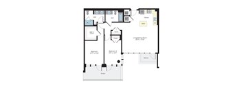 A floor plan of a house with two bathrooms, two closets, a living/dining room, a kitchen, a balcony, and two bedrooms.