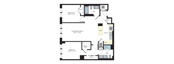 A floor plan of a house with two bedrooms, a living/dining room, a kitchen, a laundry area, and a bathroom.