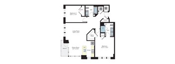 A floor plan of a house with a living room, dining room, kitchen, and two bedrooms.
