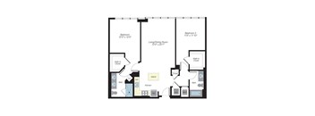 A floor plan of a home with two bedrooms, a living/dining room, a kitchen, a bathroom, a linen closet, a walk-in closet, and an island.