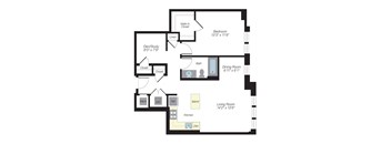 A floor plan of a house with a living room, dining room, kitchen, and bath.