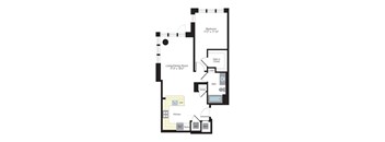 A floor plan of a house with a living room, dining room, kitchen, and bedroom.