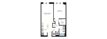 A floor plan of a room with a living/dining room, kitchen, bathroom, and bedroom.
