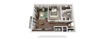 A 3D floor plan of a small apartment with a kitchen, living room, and bedroom.