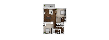 A detailed 3D floor plan of a small apartment with a living room, kitchen, bedroom, and bathroom.