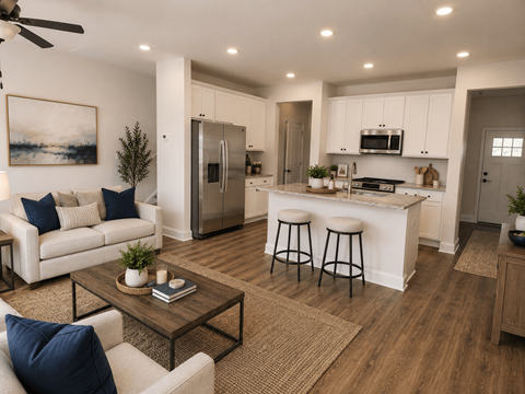 A modern kitchen with a bar stool and a refrigerator.
