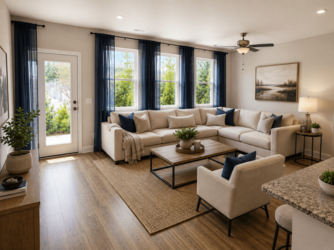 A living room with a large couch, a chair, and a coffee table.