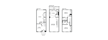 A set of three floor plans for a house with a garage, study and bedrooms.