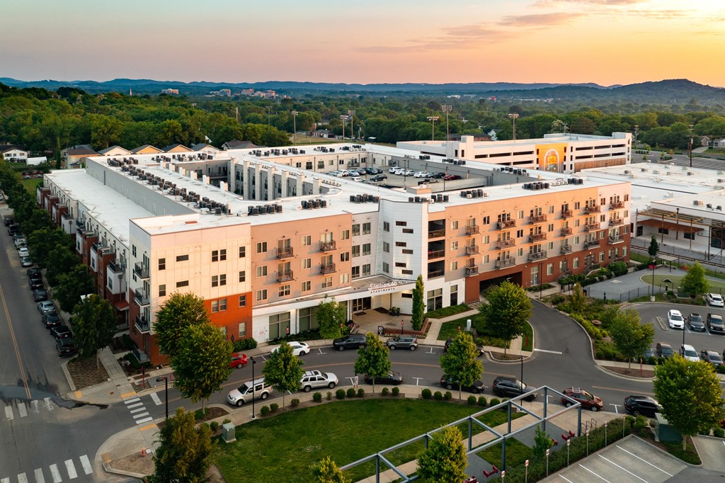 an aerial view of a building in the city
