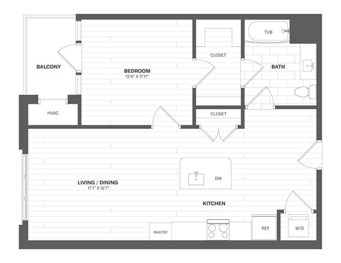 A floor plan of a house with a bedroom, bathroom, living/dining area, kitchen, and pantry.