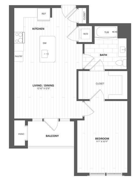 A floor plan of a home with a kitchen, living room, dining room, bathroom, and bedroom.