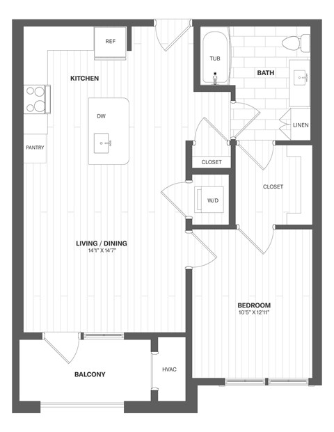 A black and white image of a floor plan for a living space.