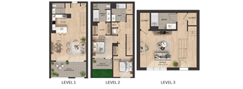 Three floor plans for a house with a first, second, and third floor.