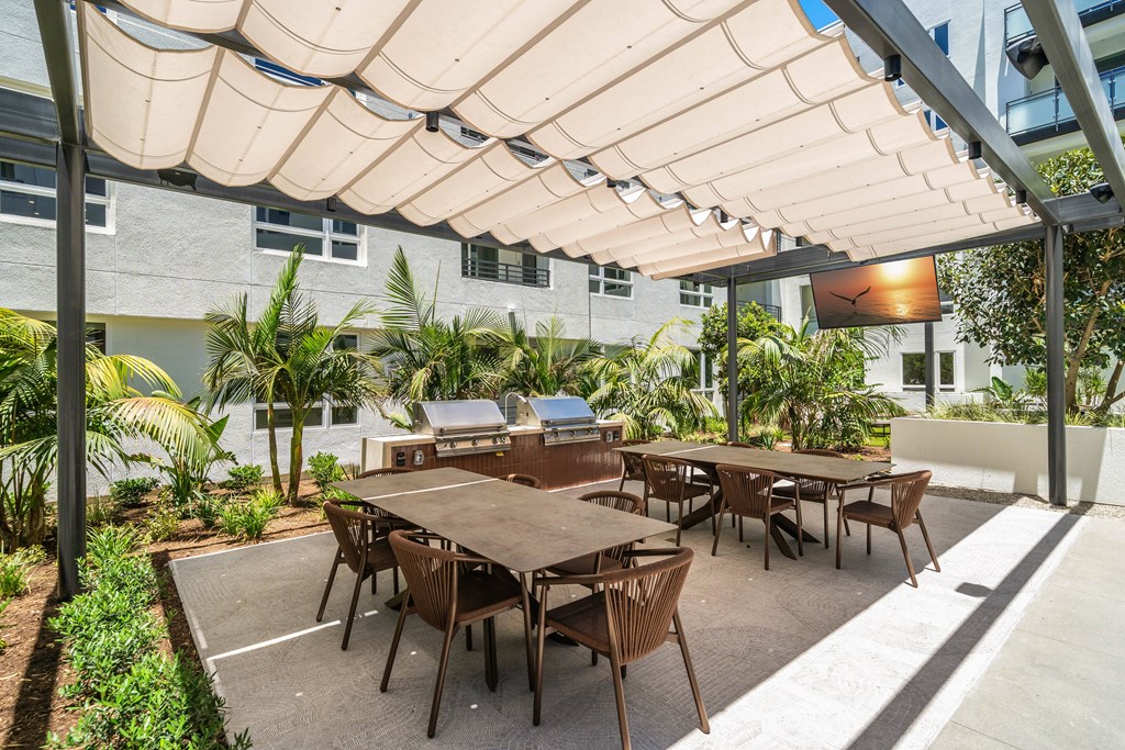 A patio with a table and chairs under a canopy.