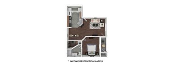 A diagram of a small apartment layout with a note that income restrictions apply.