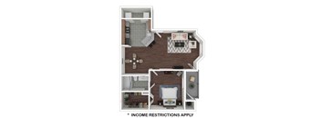 A diagram of a small apartment layout with a note that income restrictions apply.
