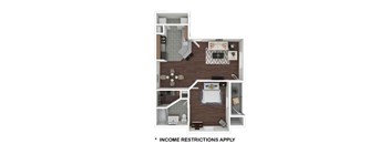 Apartment layout with a note that income restrictions apply.