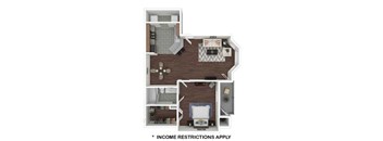 A floor plan of an apartment with a note that income restrictions apply.