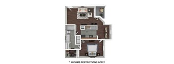 A floor plan of an apartment with a kitchen, living room, and bedroom.
