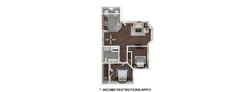 A floor plan of an apartment with a note that income restrictions apply.