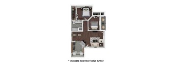 A diagram of a small apartment layout with a note that income restrictions apply.