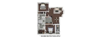 A floor plan of an apartment with a kitchen, living room, and bathroom.