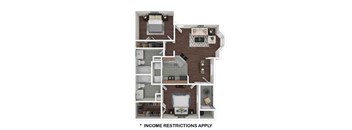 A floor plan of a small apartment with a kitchen, living room, and bathroom.