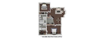 A floor plan of an apartment with a kitchen, living room, and bedroom.